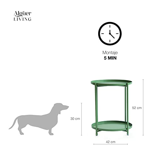 Alguer Living Mesa Auxiliar Redonda Verde Rita | Dos bandejas extráibles | Altura 50cm | Diámetro 42cm | Estilo nórdico | Acero Resistente | para salón, sofá o Exterior