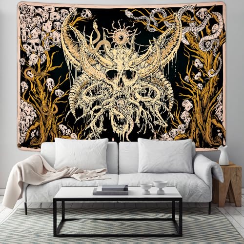 Alishomtll Tapiz de pared de calavera, serpiente humana, tapiz de pared de árbol negro y amarillo, estilo estético hippie gótico, tapiz de pared para dormitorio, decoración del hogar, tapiz, 210 x 150