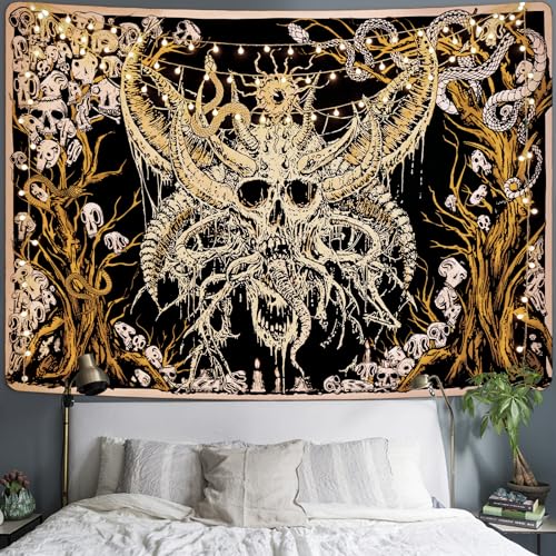 Alishomtll Tapiz de pared de calavera, serpiente humana, tapiz de pared de árbol negro y amarillo, estilo estético hippie gótico, tapiz de pared para dormitorio, decoración del hogar, tapiz, 210 x 150