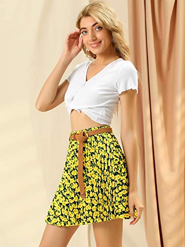 Allegra K Falda De Patinadora Mini Cintura Elástica con Cinturón Pliegue Floral Línea A Vintage para Mujer Amarillo XS