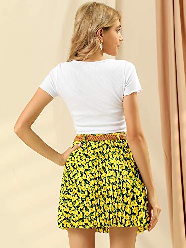 Allegra K Falda De Patinadora Mini Cintura Elástica con Cinturón Pliegue Floral Línea A Vintage para Mujer Amarillo XS