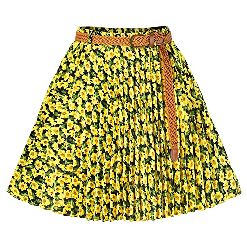 Allegra K Falda De Patinadora Mini Cintura Elástica con Cinturón Pliegue Floral Línea A Vintage para Mujer Amarillo XS