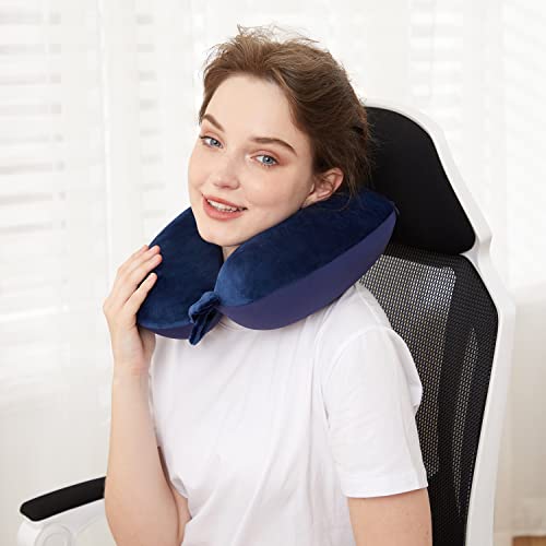 Almohada de cuello de viaje de espuma viscoelástica, suave y ajustable para apoyar la cabeza, para el avión, coche y sillón reclinable en casa (azul oscuro)