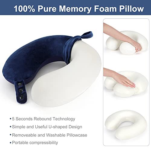 Almohada de cuello de viaje de espuma viscoelástica, suave y ajustable para apoyar la cabeza, para el avión, coche y sillón reclinable en casa (azul oscuro)