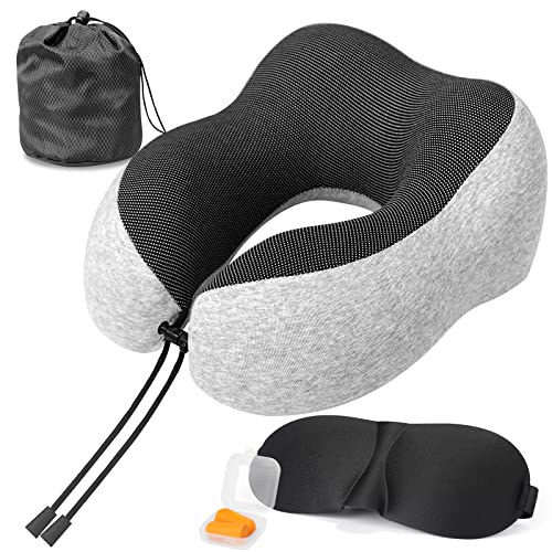 Almohada de Viaje, Almohada de Espuma viscoelástica para el Cuello con Funda Transpirable cómoda, Juego de Viaje con Protector de Ojos 3D, Tapones para los oídos y Organizador, Lavable a máquina Gris