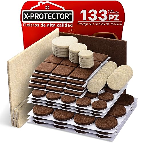 Almohadillas de Fieltro para Muebles X-Protector 133 Piezas, Beige y Marron - Fieltro Adhesivo, Fieltros para Sillas - Mejores Protectores de Suelo de Madera - Protectores de Suelo para Muebles