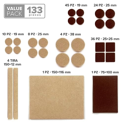 Almohadillas de Fieltro para Muebles X-Protector 133 Piezas, Beige y Marron - Fieltro Adhesivo, Fieltros para Sillas - Mejores Protectores de Suelo de Madera - Protectores de Suelo para Muebles