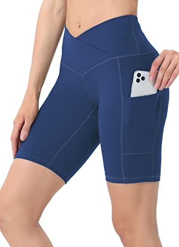 ALONG FIT Pantalones cortos de ciclismo para mujer, con bolsillos, cintura alta, control de tummy, ropa deportiva, gimnasio, yoga, verano, compresión, biker, 8" Short-blue, L