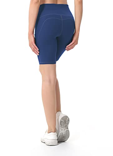 ALONG FIT Pantalones cortos de ciclismo para mujer, con bolsillos, cintura alta, control de tummy, ropa deportiva, gimnasio, yoga, verano, compresión, biker, 8" Short-blue, L