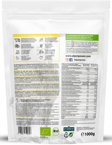 AlpenPower Proteína Whey Orgánico sabor Limón 1 kg - Ingredientes 100% naturales y sin aditivos - Proteína CFM en polvo procedente de la mejor leche alpina ecológica