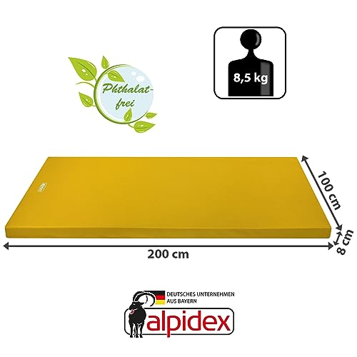 ALPIDEX Colchoneta gimnasia 200 x 100 x 8 cm esterilla deporte con antideslizante, densidad aparente 20 (muy blanda), Color:amarillo