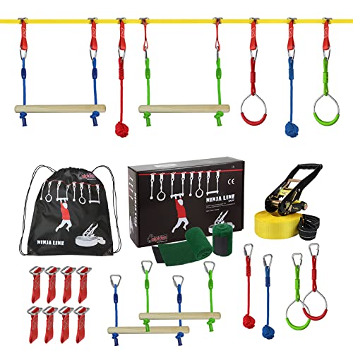 ALPIDEX Ninja Niños Slackline Kids Obstacles Set Anillos Gimnasia Nudos Cuerda Accesorios Escalada Curso Extensible, Stil:Basic