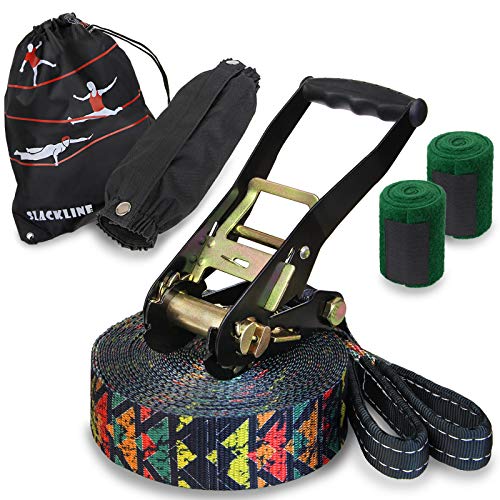 ALPIDEX Slackline Set 15 m + Protector de árbol y Protector de trinquete, Ideal para niños, Principiantes y Expertos