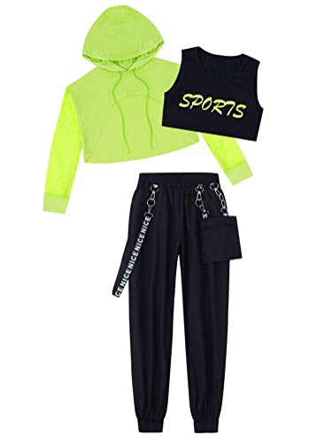 Alvivi Conjunto de Chándal para Niñas Sudadera Deportiva de Manga Larga y Pantalones Cargos de Hip Hop Street Dance Traje de Baile Callejero 3-16 Años Verde 14 años