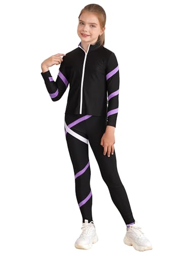 Alvivi Conjunto de Deportivo Gimnasio para Niñas Sudadera manga Larga Chaqueta con Cremallera y Leggings Largos Ropa de Baile Deporte Yoga Correr 5-16 Años A Púrpura claro 9-10 años