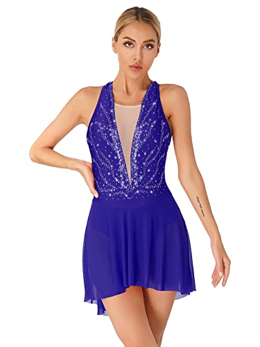 Alvivi Maillot de Danza Ballet para Mujer sin Manga Vestido de Patinaje Artístico Gimnasia Body con Falda Tul Vestido de Danza Lírica Dancewear S-3XL C Azul real M