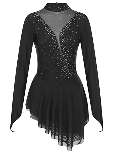 Alvivi Maillot de Danza Patinaje para Mujer Leotardo Manga Larga de Gimnasia Rítmica con Falda Tul y Pedrería Brillante Disfraz de Bailarina S-XXL C Negro M