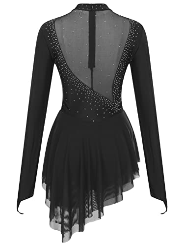 Alvivi Maillot de Danza Patinaje para Mujer Leotardo Manga Larga de Gimnasia Rítmica con Falda Tul y Pedrería Brillante Disfraz de Bailarina S-XXL C Negro M