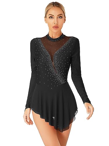 Alvivi Maillot de Danza Patinaje para Mujer Leotardo Manga Larga de Gimnasia Rítmica con Falda Tul y Pedrería Brillante Disfraz de Bailarina S-XXL C Negro M