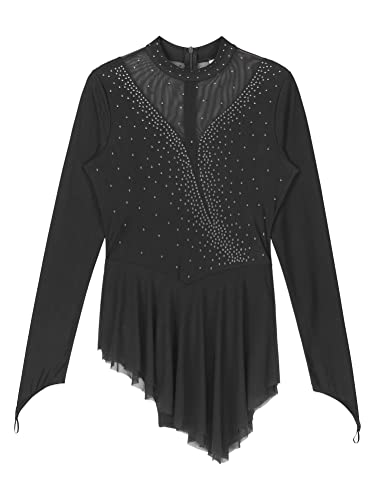 Alvivi Maillot de Danza Patinaje para Mujer Leotardo Manga Larga de Gimnasia Rítmica con Falda Tul y Pedrería Brillante Disfraz de Bailarina S-XXL C Negro M