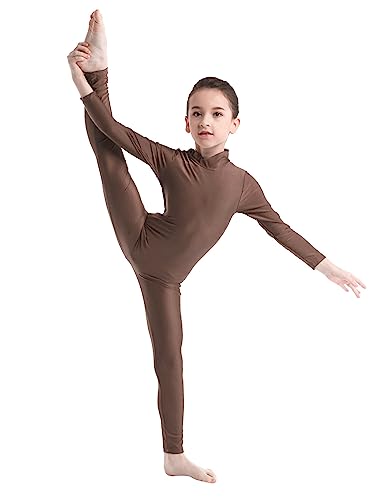 Alvivi Maillot de Gimnasia para Niña Mono de Danza Fitness Gym Maillots Jumpsuit Deportivo Manga Larga Elástica Leotardo Ballet Patinaje Niña Marrón 10-12 años