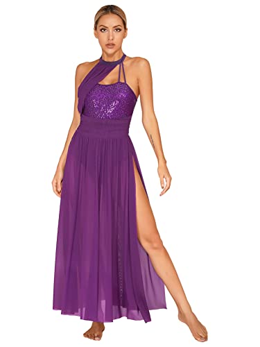 Alvivi Vestido Largo de Danza Clásica para Mujer Maillot de Ballet Gimnasia con Tul Vestido de Baile Lírico y Contemporánea S-XXL Morado M