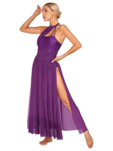 Alvivi Vestido Largo de Danza Clásica para Mujer Maillot de Ballet Gimnasia con Tul Vestido de Baile Lírico y Contemporánea S-XXL Morado M