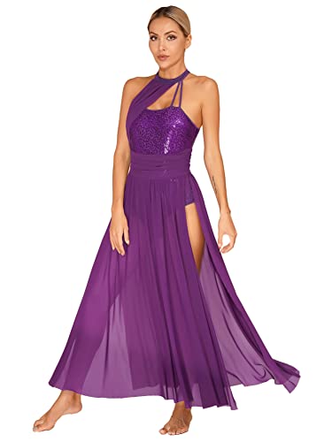 Alvivi Vestido Largo de Danza Clásica para Mujer Maillot de Ballet Gimnasia con Tul Vestido de Baile Lírico y Contemporánea S-XXL Morado M