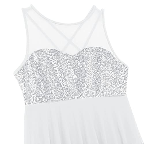 Alvivi Vestido Lentejuelas de Danza Ballet para Mujer sin Manga Vestido de Baile Lírico y Contemporánea Maillot de Gimnasia Rítmica Disfraz de Baile XS-XL Blanco Medium