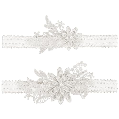 Amabro Liga elástica de boda, 2 piezas de ligas florales para piernas, ligas de encaje con perlas, accesorios de novia para mujeres y niñas, Blanco, Wedding Elastic Garter