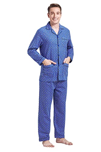 Amaxer Pijama de Dos Piezas para Hombre 100% algodón Franela Conjunto Ropa de Dormir de Descanso Camiseta de Manga Larga con Bolsillos Pantalones con cordón, M, patrón múltiple en azul02