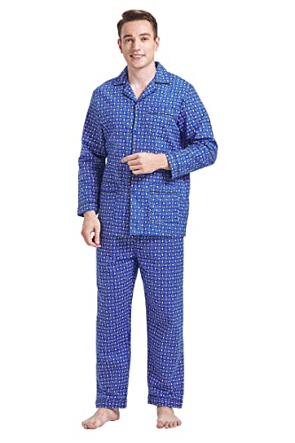 Amaxer Pijama de Dos Piezas para Hombre 100% algodón Franela Conjunto Ropa de Dormir de Descanso Camiseta de Manga Larga con Bolsillos Pantalones con cordón, M, patrón múltiple en azul02