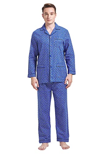 Amaxer Pijama de Dos Piezas para Hombre 100% algodón Franela Conjunto Ropa de Dormir de Descanso Camiseta de Manga Larga con Bolsillos Pantalones con cordón, M, patrón múltiple en azul02