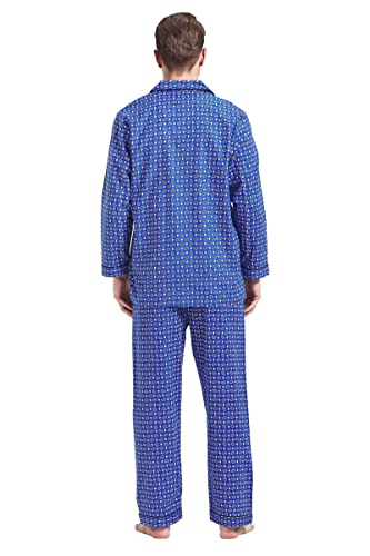 Amaxer Pijama de Dos Piezas para Hombre 100% algodón Franela Conjunto Ropa de Dormir de Descanso Camiseta de Manga Larga con Bolsillos Pantalones con cordón, M, patrón múltiple en azul02