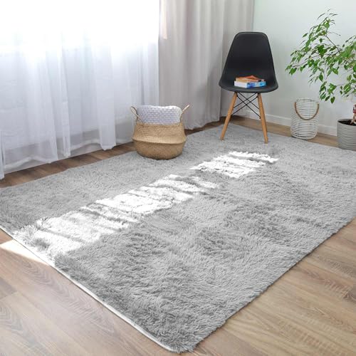 Amazinggirl Alfombra Pelo Largo 200 x 300 cm - Alfombras Salon Modernas Comedor Alfombra Grande pie de Cama Gris – Blanco