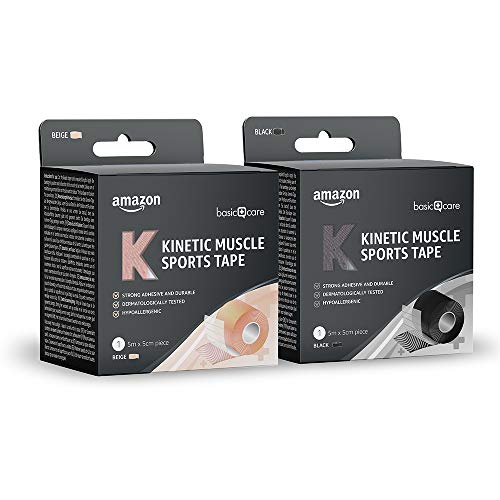 Amazon Basic Care - Cinta kinesiológica deportiva para musculatura, 5 x 5 cm, 1 negra y 1 beis, paquete de 2