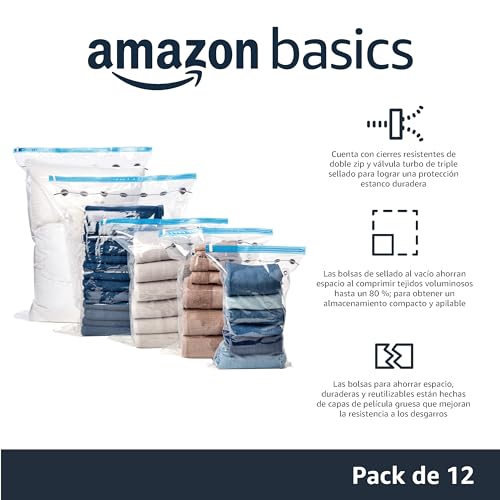 Amazon Basics bolsas de vacío para almacenamiento, incluyen boca para aspirador, 12 Unidad, 3 extragrandes, 3 grandes, 3 medianas y 3 pequeñas, Cremallera, Blanco