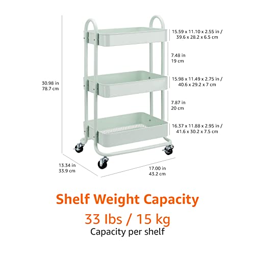 Amazon Basics - Carrito de cocina o multiuso de tres niveles con ruedas en verde menta