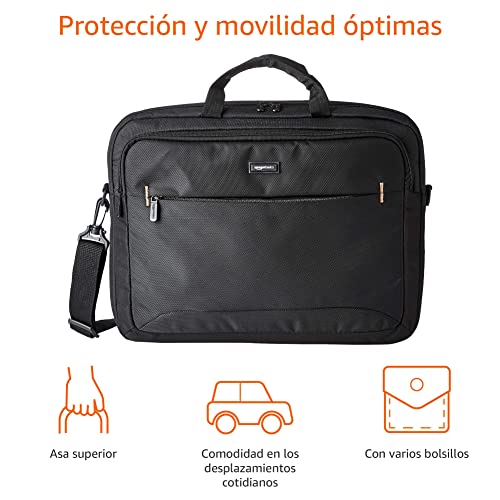 Amazon Basics - Funda compacta para portátil con correa para el hombro y bolsillos para guardar accesorios, (44 cm), negro, 1 unidad