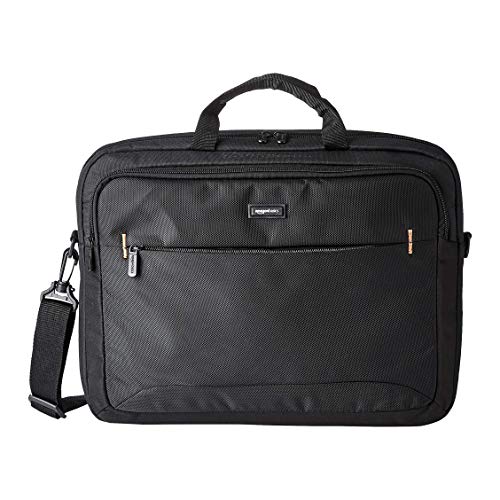 Amazon Basics - Funda compacta para portátil con correa para el hombro y bolsillos para guardar accesorios, (44 cm), negro, 1 unidad