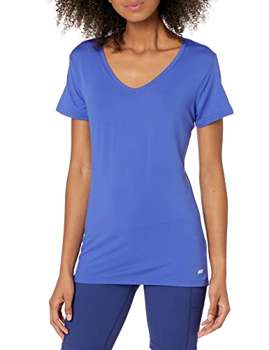 Amazon Essentials Camiseta técnica elástica de Manga Corta y Cuello en Pico (Disponible en Tallas Grandes) Mujer, Pack de 2, Azul Brillante/Negro, XL