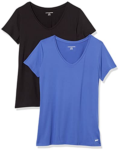 Amazon Essentials Camiseta técnica elástica de Manga Corta y Cuello en Pico (Disponible en Tallas Grandes) Mujer, Pack de 2, Azul Brillante/Negro, XL