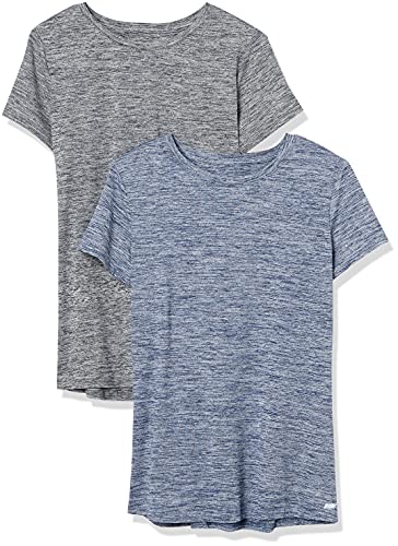 Amazon Essentials Camiseta Técnica Elástica de Manga Corta y Cuello Redondo (Disponible en Tallas Grandes) Mujer, Pack de 2, Azul Marino Mezcla/Negro Mezcla, L