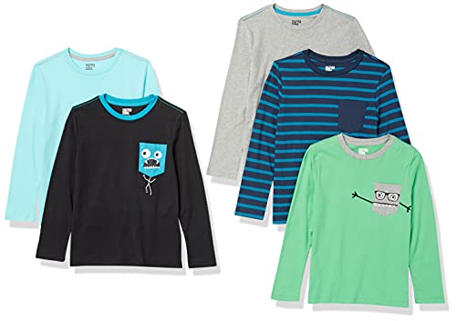 Amazon Essentials Camisetas de Manga Larga (Anteriormente Spotted Zebra) Niño, Pack de 5, Multicolor/Monstruos/Rayas, 8 años