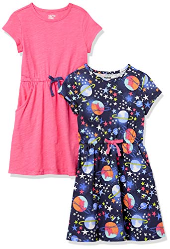 Amazon Essentials Vestidos de Punto de Manga Corta con Cintura ceñida (Anteriormente Spotted Zebra) Niña, Pack de 2, Azul Marino Espacio/Rosa, 6-7 años