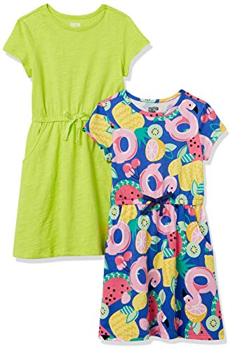 Amazon Essentials Vestidos de Punto de Manga Corta con Cintura ceñida (Anteriormente Spotted Zebra) Niña, Pack de 2, Azul Oscuro Fruta/Verde Lima, 2 años