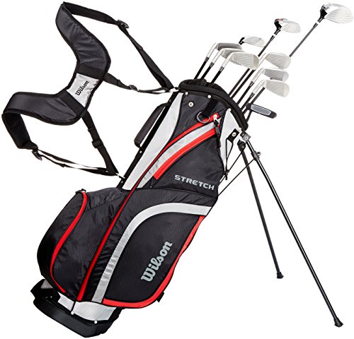 Amazon Exclusive Wilson, Set completo para principiantes, 10 palos de golf de medida extendida (1 pulgada) con bolsa de transporte, Hombre (mano derecha) Stretch XL, Negro/Gris/Rojo, WGG157552