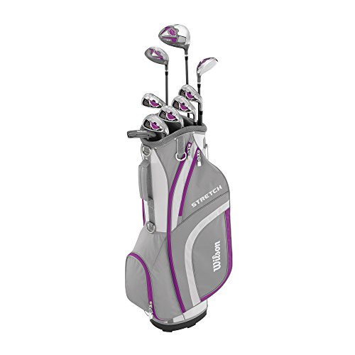 Amazon Exclusive Wilson, Set completo para principiantes, 9 palos de golf con carro, Mujer (mano derecha) Stretch XL, Blanco/Gris/Violeta, WGG157554