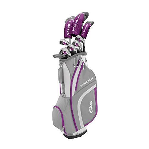 Amazon Exclusive Wilson, Set completo para principiantes, 9 palos de golf con carro, Mujer (mano izquierda) Stretch XL, Blanco/Gris/Violeta, WGG157556