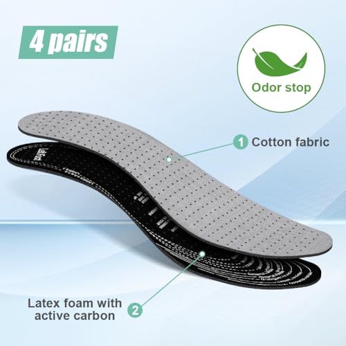 AMFUN 8 Pares Plantillas De Carbón Activado Antisudor, Plantillas De Carbón Activo, Suela De Espuma De Algodón Y Látex Extraíble, Corte A Su Medida, Unisex, Odour Stop, Gris,Tallas 36-46